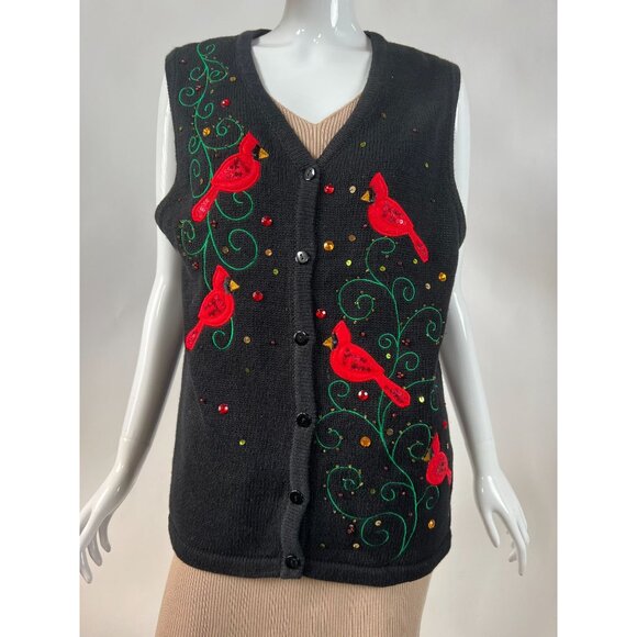 Kim Rogers Womens Festive Cardinal Embroidered Sweater Vest Black Size L - Picture 1 of 16